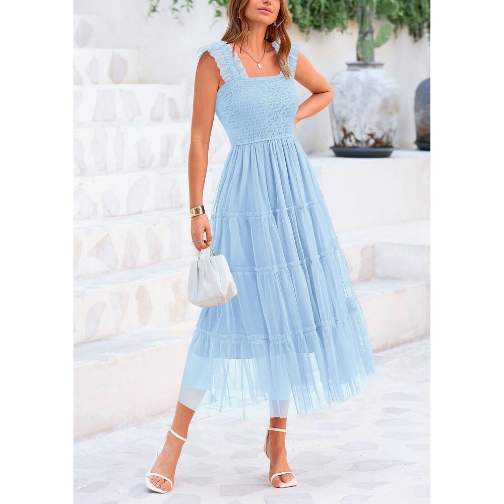 PRETTYGARDEN | Tulle Midi Dress Women M Light Blue Smocked Tiered Ruffle Wedding
